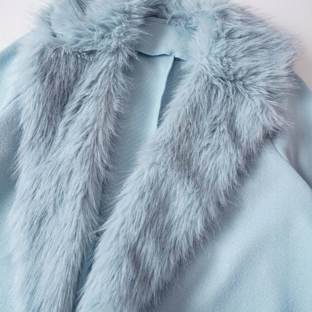 Baby Blue Elegant Women's Mid-Length Coat with Fur Collar - Picture 9 of 10